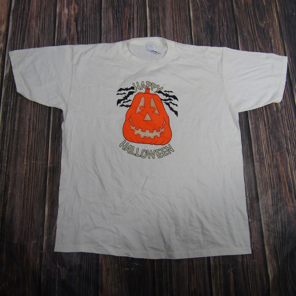 Vintage Happy Halloween Shirt Mens XL White Pumpkin‎ Bats Graphic Party 80s